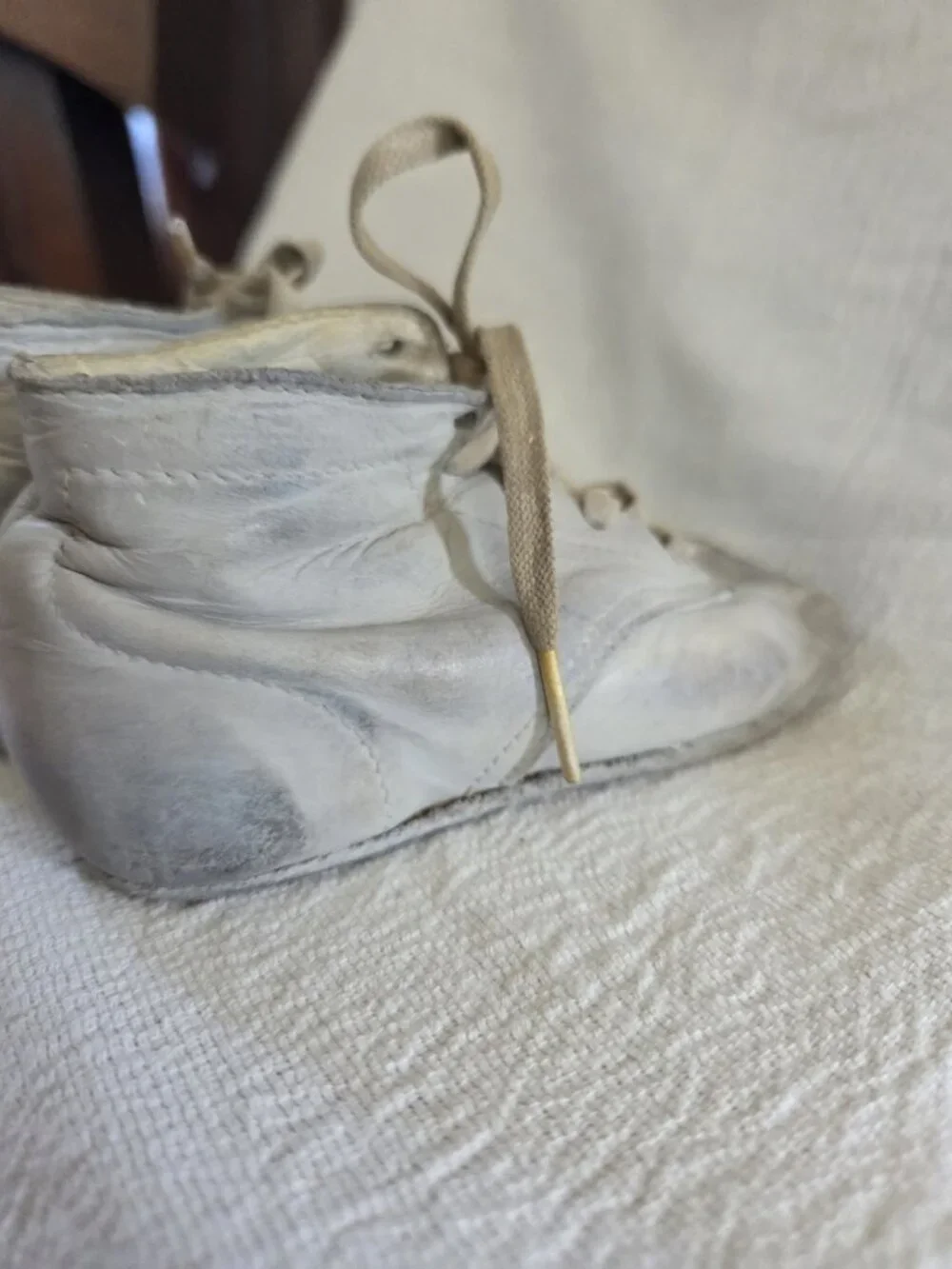White Blue Leather Baby Booties Pair Vented Toe Infant Vintage w/box